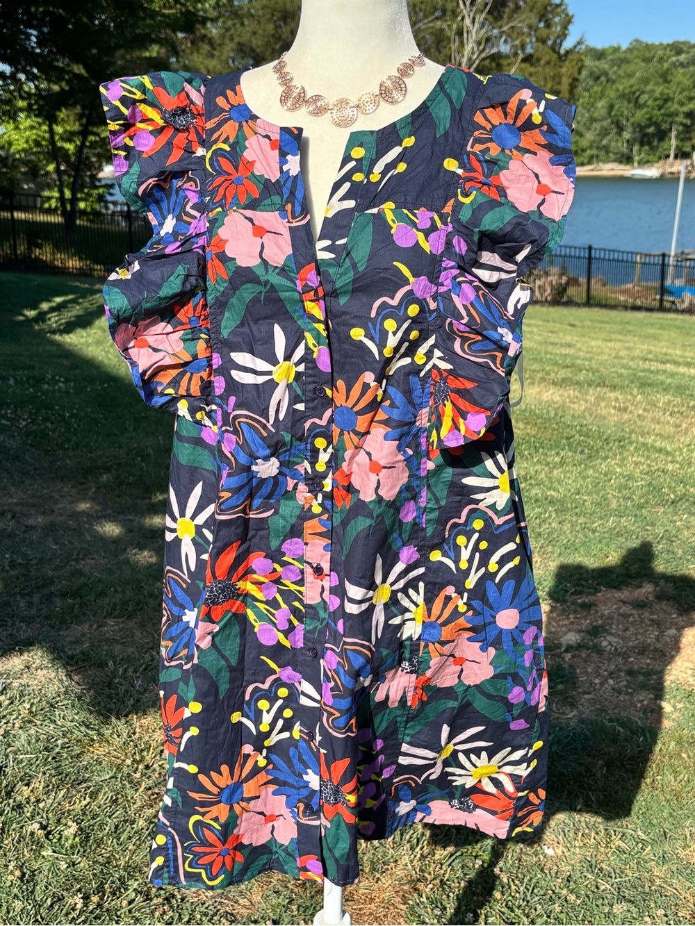 Floral Cotton Dress By Entro Multi-colors Ruffle Sleeves Lined